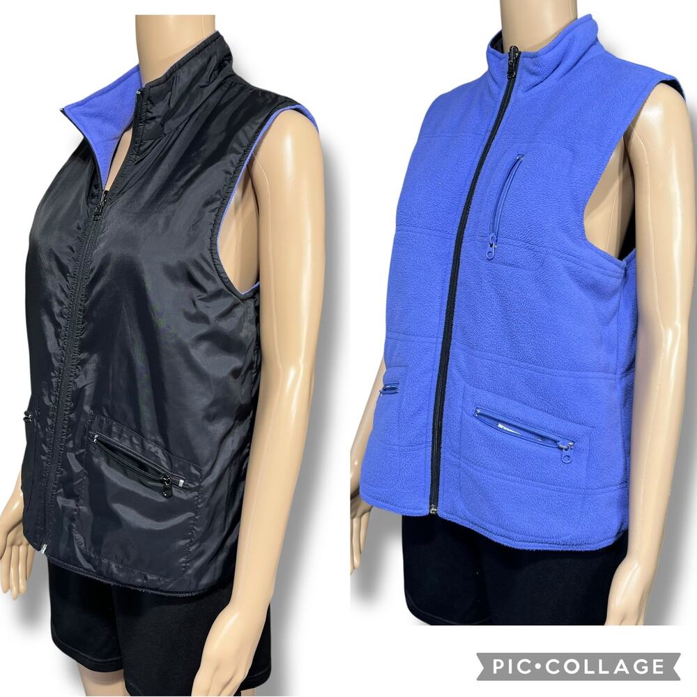 Style & Co Womens Reversible Fleece Vest Medium Black Purple Zip Outdoor Y2K